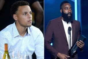 Stephen Curry (left) got his share of hardware, but had to watch as James Harden (right) became the players' choice for MVP at the first edition of the Players' Awards.