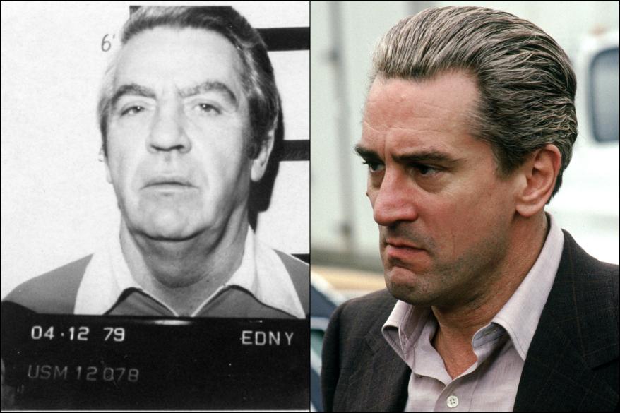 James "Jimmy the Gent" Burke in his April 12, 1979 mugshot, left, and as portrayed by Robert De Niro