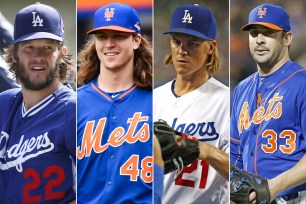 The marquee arms in the Mets-Dodgers NLDS, from left to right: Clayton Kershaw, Jacob deGrom, Zack Greinke, Matt Harvey