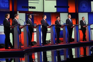 Republican presidential candidates (R-L) Ohio Governor John Kasich, Jeb Bush, Sen. Marco Rubio (R-FL), Sen. Ted Cruz (R-TX), Ben Carson, New Jersey Governor Chris Christie and Sen. Rand Paul (R-KY) participate in the Fox News - Google GOP Debate January 28, 2016 at the Iowa Events Center in Des Moines, Iowa. Residents of Iowa will vote for the Republican nominee at the caucuses on February 1. Donald Trump, who is leading most polls in the state, decided not to participate in the debate.