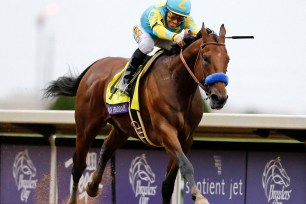 American Pharoah, with Victor Espinoza up, wins the Breeders' Cup Classic horse race on Oct. 31, 2015.
