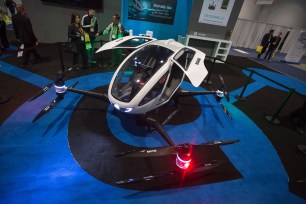 The EHang 184 autonomous aerial vehicle is unveiled at the EHang booth at CES International.