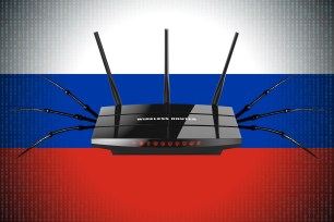 A wireless router superimposed over a Russian flag
