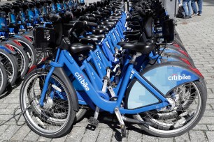 Rows of Citi bikes in New York.