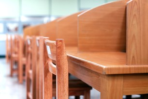 A group of school desks.