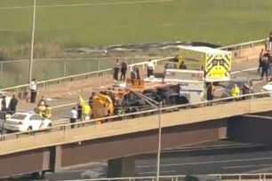 School bus overturns on NJ turnpike.