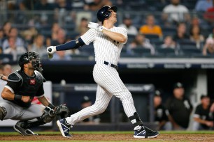 Greg Bird flies out in the eighth inning with a runner on second base in the Yankees' 5-4 win Tuesday night.