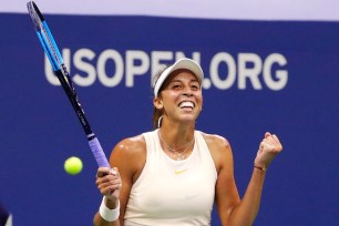 Madison Keys celebrates after her 6-4, 6-3 U.S. Open quarterfinal victory Wednesday night.