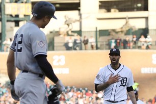 Giancarlo Stanton glares at Mike Fiers after he was hit by a pitch in a June 4 game earlier this season.