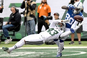 Parry Nickerson, breaking up a pass intended for Chester Rogers during the Jets' win over the Colts, could see more time this week due to the injuries in Gang Green's secondary.