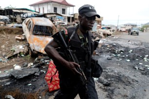 A Cameroonian elite Rapid Intervention Battalion (BIR) member on patrol in Buea in the southwest region of Cameroon.