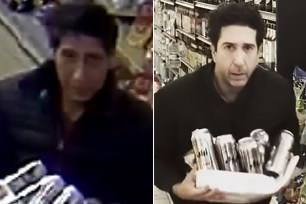 David Schwimmer (right) recreated the CCTV footage of his doppelganger allegedly stealing a case of beer.