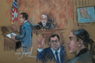 A courtroom sketch of the first day of El Chapo's trial.