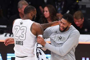 LeBron James and Anthony Davis greet each other at the All-Star Game in February.