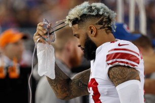 Odell Beckham Jr. breathes oxygen on the sideline on Monday night against the 49ers.