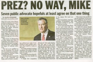 The New York Daily News paper clipping shows the article with the headline reading: “PREZ? NO WAY, MIKE.”