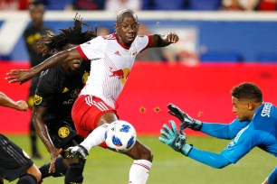 Bradley Wright-Phillips takes a shot against the Columbus Crew on July 28, 2018.
