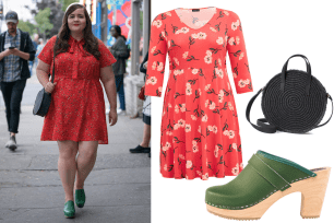 Red floral Dress, $65 (sizes 10-6x) at Torrid.com "Selma" clogs, $140 at CapeClogs.com Bag, $25 at HM.com