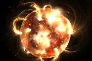 Photo illustration of the sun with solar flares.