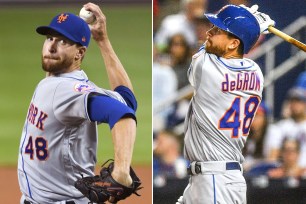 Jacob deGrom struck out 14 batters in seven innings and hit a solo home run in the Mets' 6-4 win over the Marlins on Wednesday night.