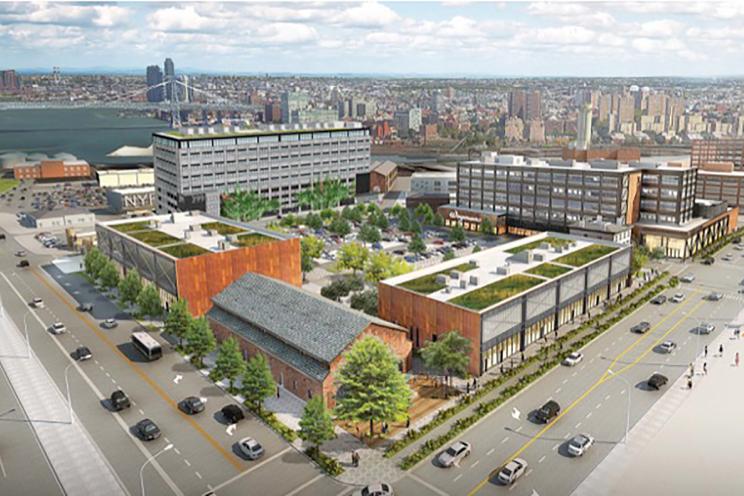 Rendering of Admirals' Row at Brooklyn Navy Yard with Wegmans store at top right.