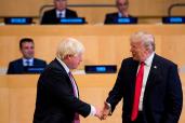 Boris Johnson and Donald Trump shake hands before a meeting at UN headquarters.