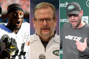 Le'Veon Bell, Mike Maccagnan and Adam Gase