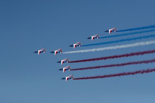 Alpha jets from the French Air Force Patrouille de France fly during the inauguration the 53rd International Paris Air Show.