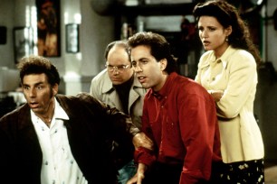 Michael Richards, Jason Alexander, Jerry Seinfeld and Julia Louis-Dreyfus in a scene from "Seinfeld"