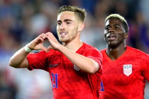 Tyler Boyd celebrates after scoring one of his two goals in the United States' 4-0 win over Guyana in Tuesday's CONCACAF Gold Cup opener.