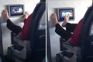 Passenger uses feet to scroll through entertainment on a Delta flight.