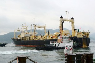 Whaling boat Nisshinmaru leaves a port in Yamaguchi, Japan.