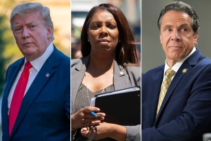 Donald Trump, Letitia James (center) and Andrew Cuomo (right)