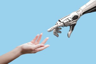 Robot hand and human hand.