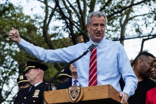 Bill de Blasio speaks at the National Night Out event held at the Dr. Green Playground on Sutter Avenue in Brownsville.