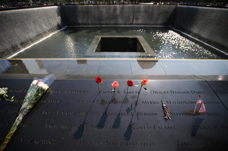 Flowers placed over the monument for the 9/11 attacks victims.