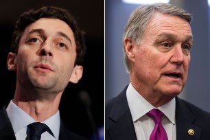 Former congressional candidate Jon Ossoff (left) and Republican U.S. Sen. David Perdue.