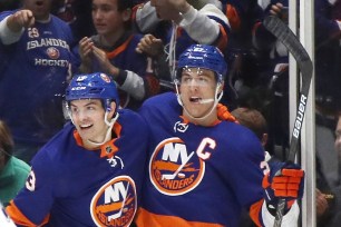 Captain Anders Lee celebrates after scoring a third-period goal in the Islanders' 5-2 win ove the Lightning on Friday night.