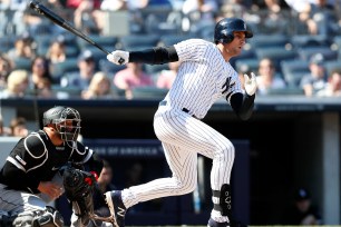 Bronx, New York 4/13/19 Greg Bird #33 of the New York Yankees reaches on a fielders choice during the 7th inning in an MLB baseball game at Yankee Stadium on April 13, 2019.