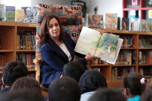 U.S. Senator Kamala Harris reads a book to students at Miller Elementary School in Dearborn, Michigan.