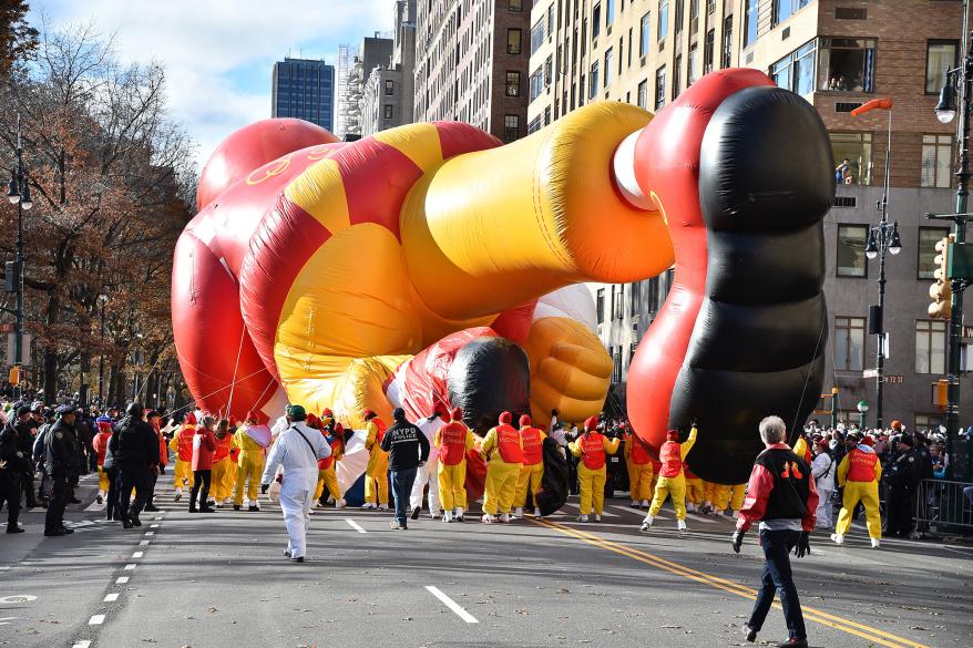 The Ronald McDonald balloon takes a knee during the Macy's Thanksgiving Day Parade.