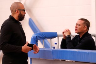 David Fizdale talks with GM Scott Perry on Friday before the Knicks fired him later in the day.