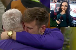 Steve Ensminger and son meet on the field after LSU won the national championship