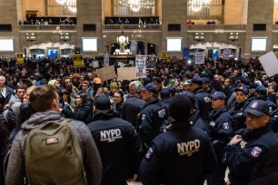A protest last month in Grand Central Station against the NYPD's presence on public transportation