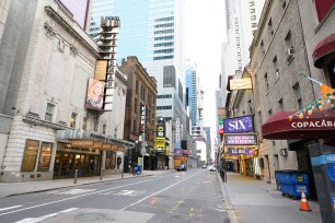 A view of the Samuel J Friedman Theatre and the Imperial Theatre in Times Squar