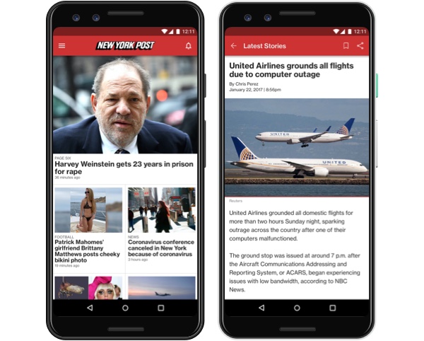 Simulated image of the New York Post app on an Android phone