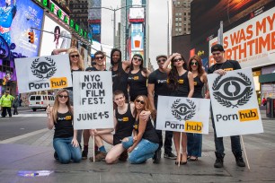 Adult film stars and Porn Hub reps promote the 2016 NYC Porn Film Festival in Times Square,