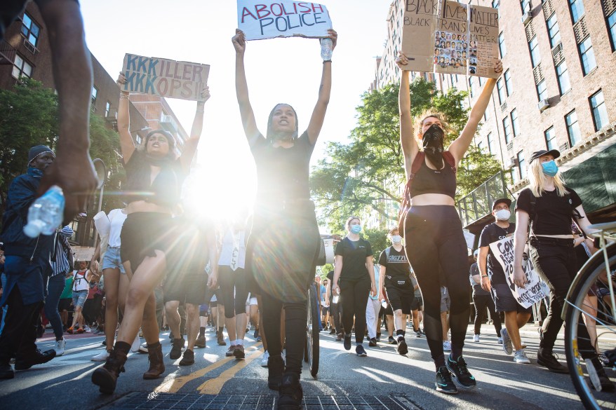 Protesters march north along the west side highway toward Columbus Circle in response to the death of George Floyd and police brutality on June 6, 2020.