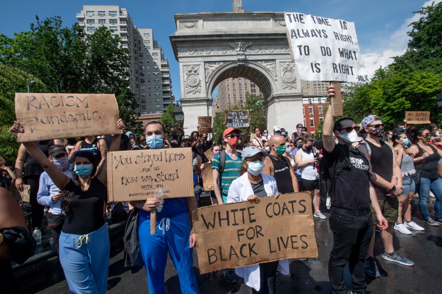 Healthcare workers assemble in Washington Square Park to protest the police killing of George Floyd on June 5, 2020.