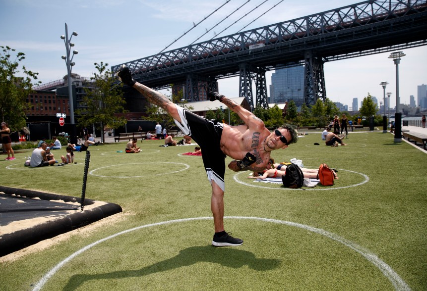 Adrian Feliciano from Brooklyn works out at Domino Park in Brooklyn on June 10, 2020.